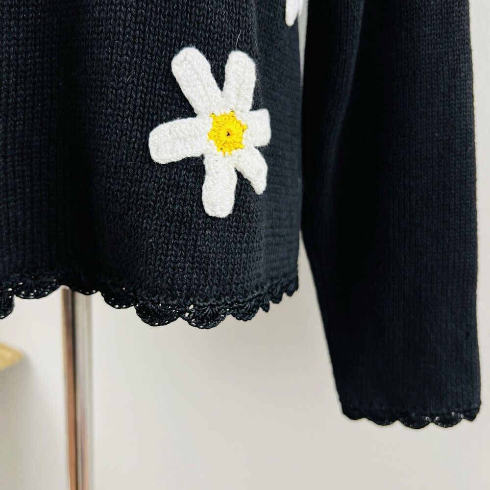 Vtg Shenanigans Black Daisy & Ladybug Y2K Cottagecore Knitted Cardigan Sweater M - Picture 6 of 10